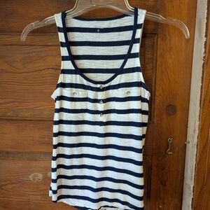 Express Womens‎ XS Navy Blue White Striped Henley Tank Top Button Pocket